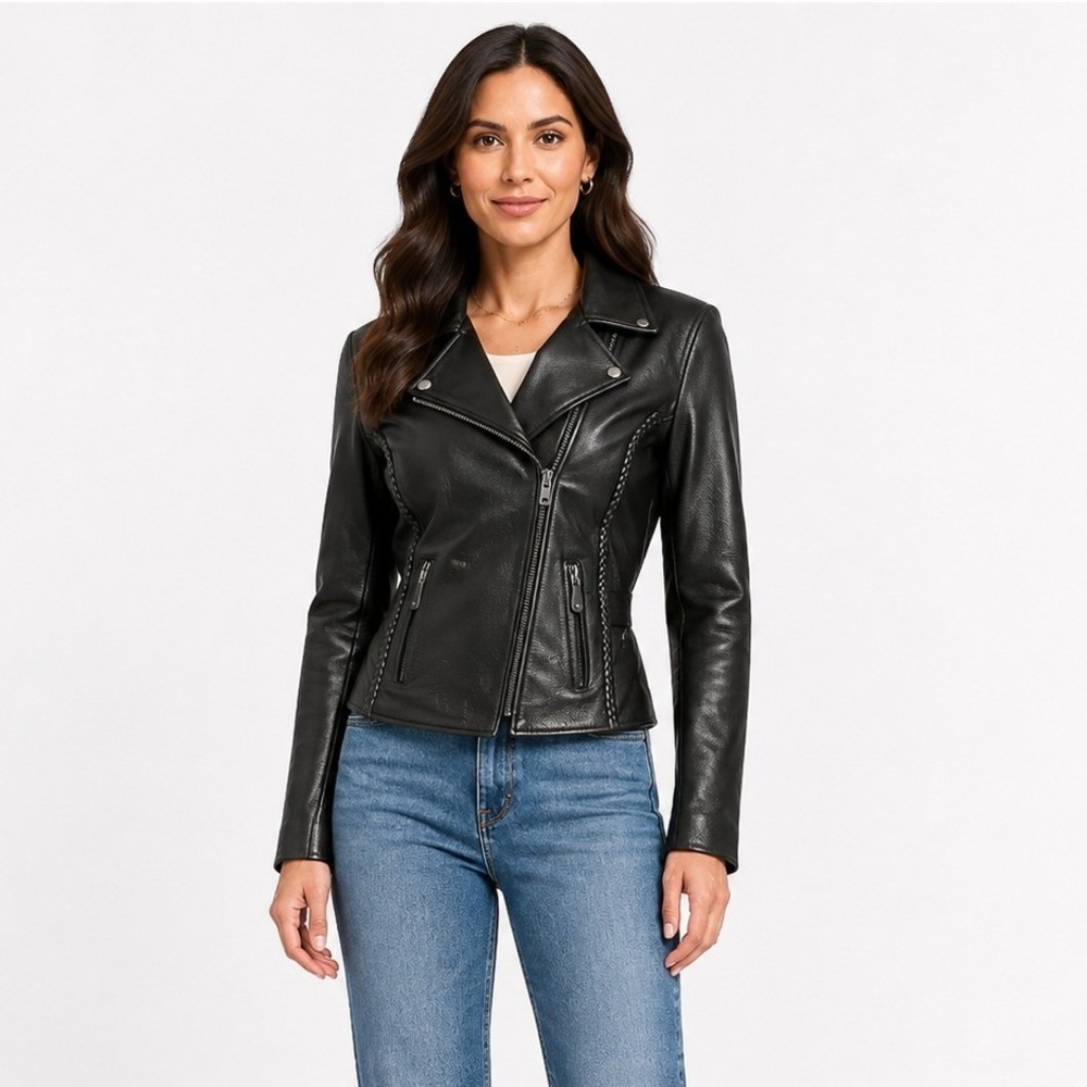 Leather King Braided Detail Sexy Fitted  Black Leather Motorcycle Jacket Size S